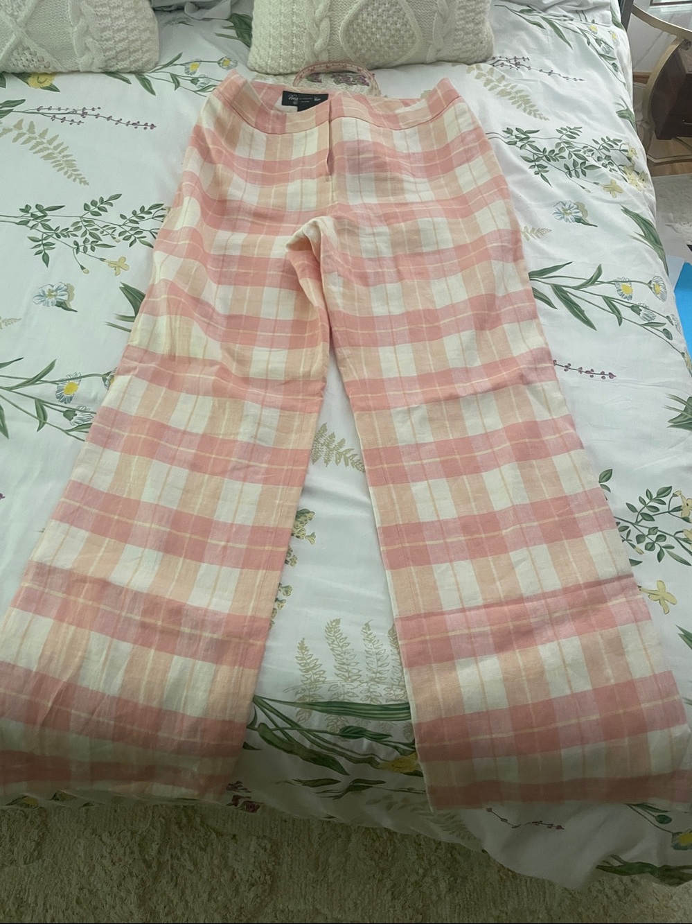 BROOKS BROTHERS Women's 100% Linen Pink & Cream Plaid Pants Size 10